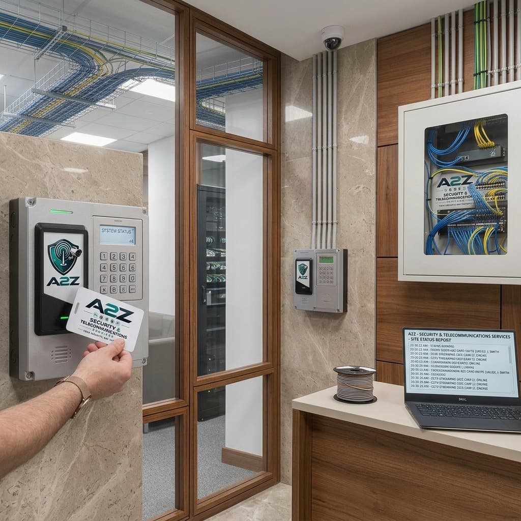 Resident using a proximity card at a wall-mounted access reader
