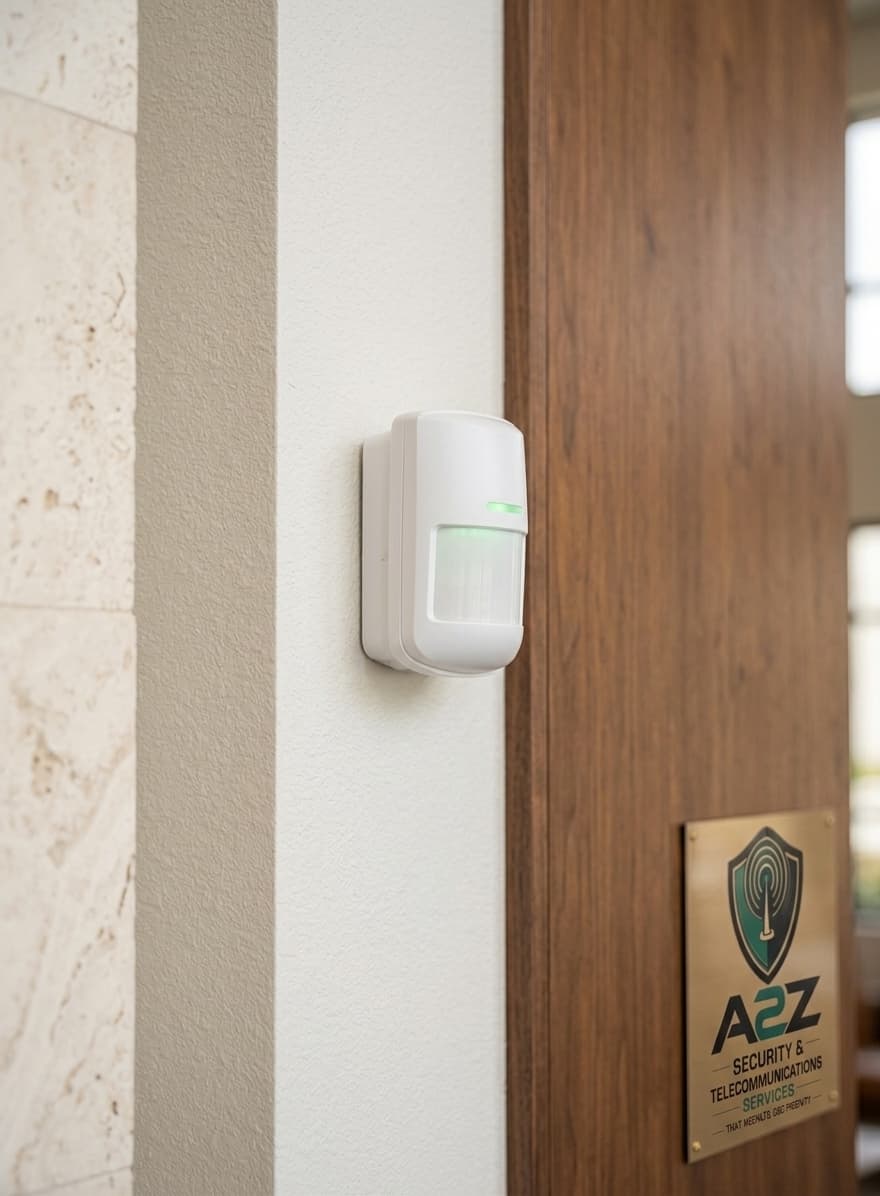 Wall-mounted motion sensor beside a timber entry