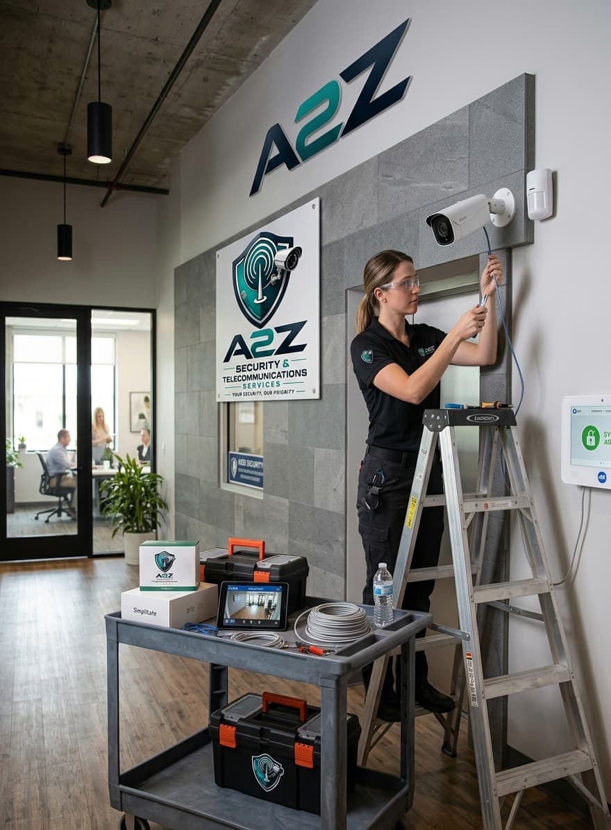 Technician installing a security camera and motion sensor in an A2Z-branded office