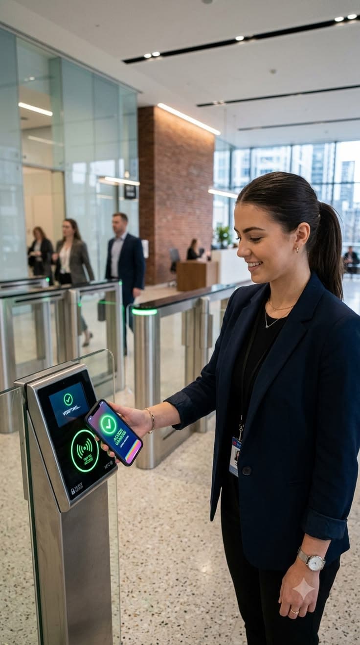 Person using a smartphone credential at a modern lobby access reader