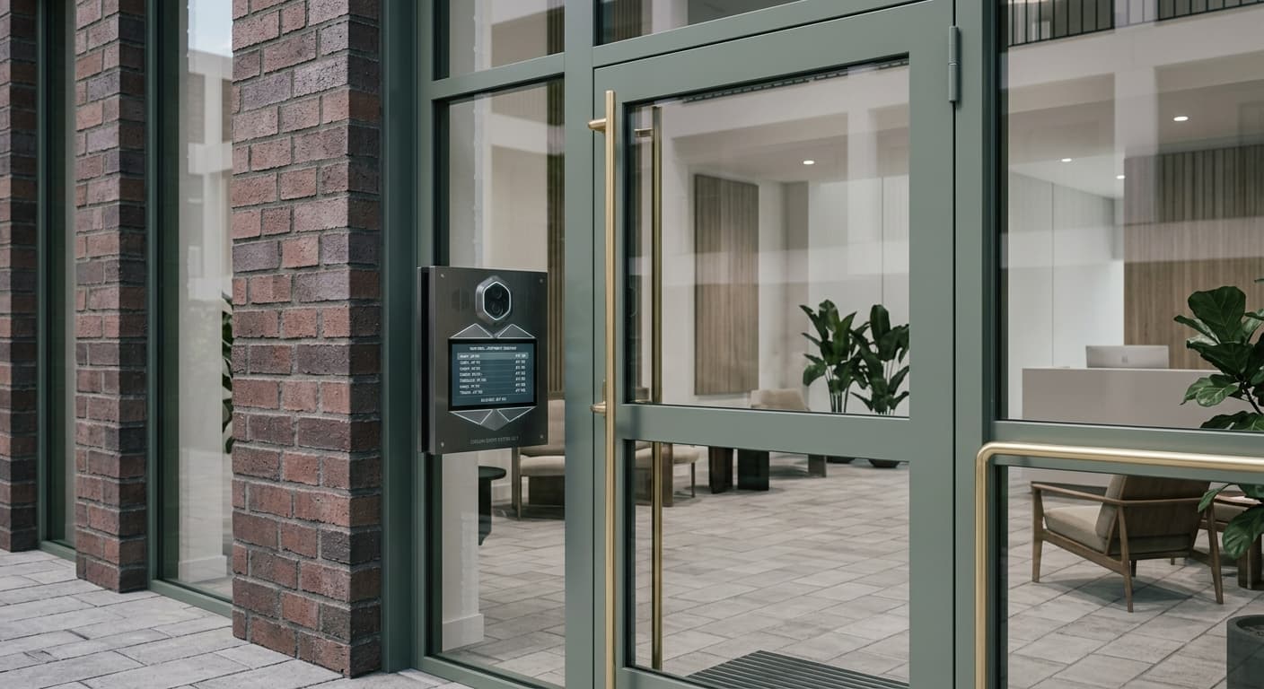 Video intercom directory panel at a glass building entrance