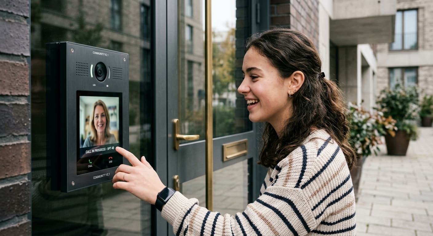 Visitor using a video intercom at a building entrance