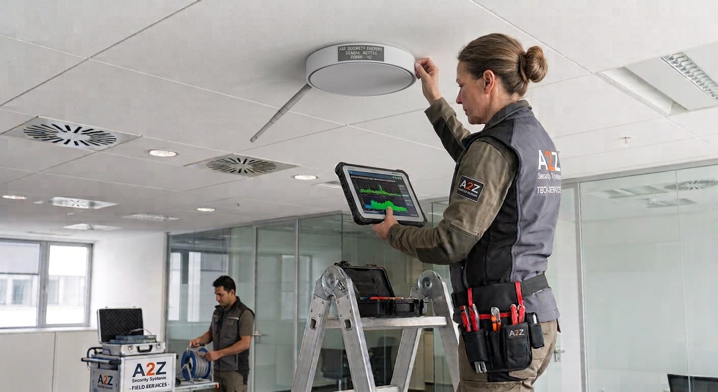 Technician testing a ceiling WiFi access point with a tablet
