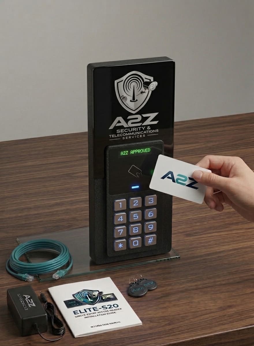 Card and PIN access reader mounted beside a controlled entry door