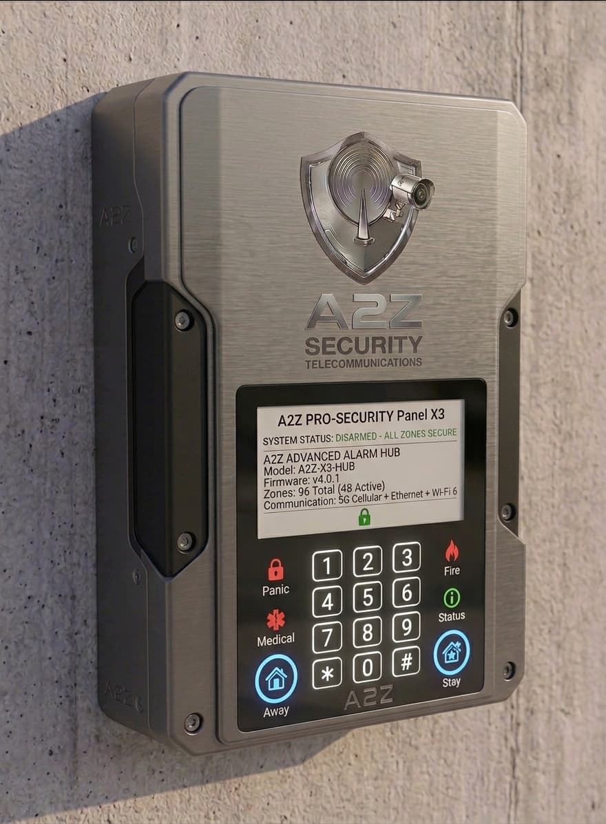 A2Z alarm hub with touchscreen, numeric keypad and stay/away arming buttons