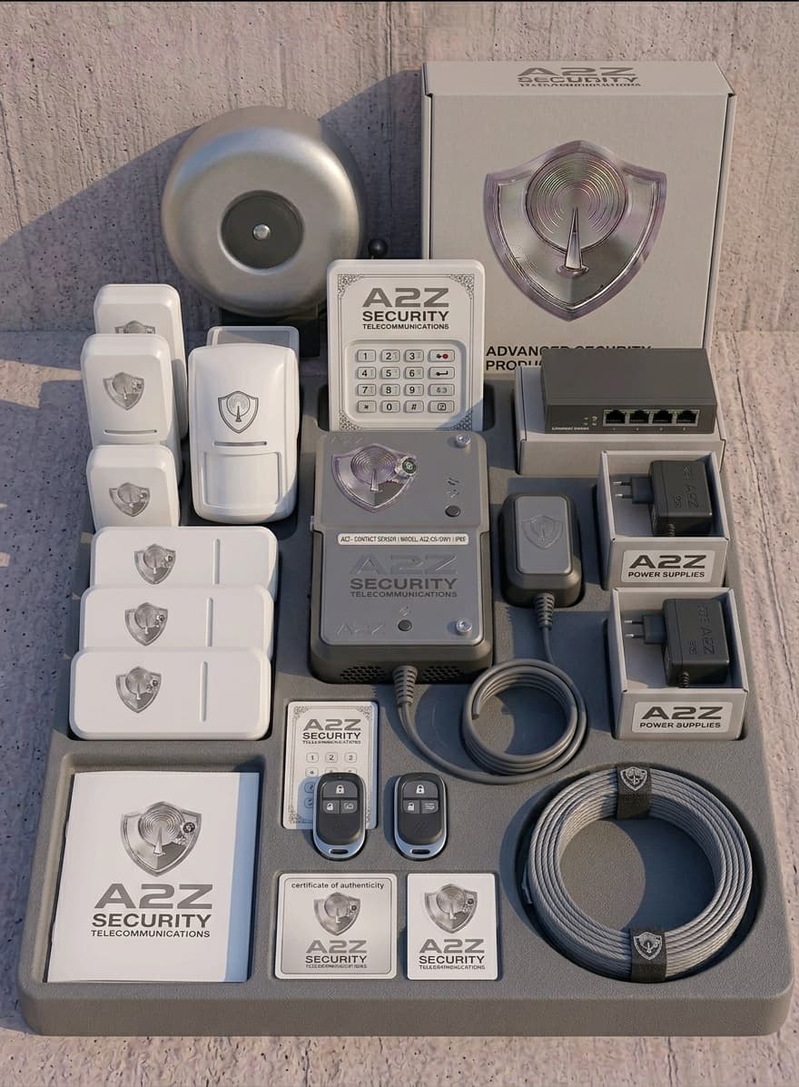 Complete A2Z alarm kit with panel, sensors, siren, remotes and cabling