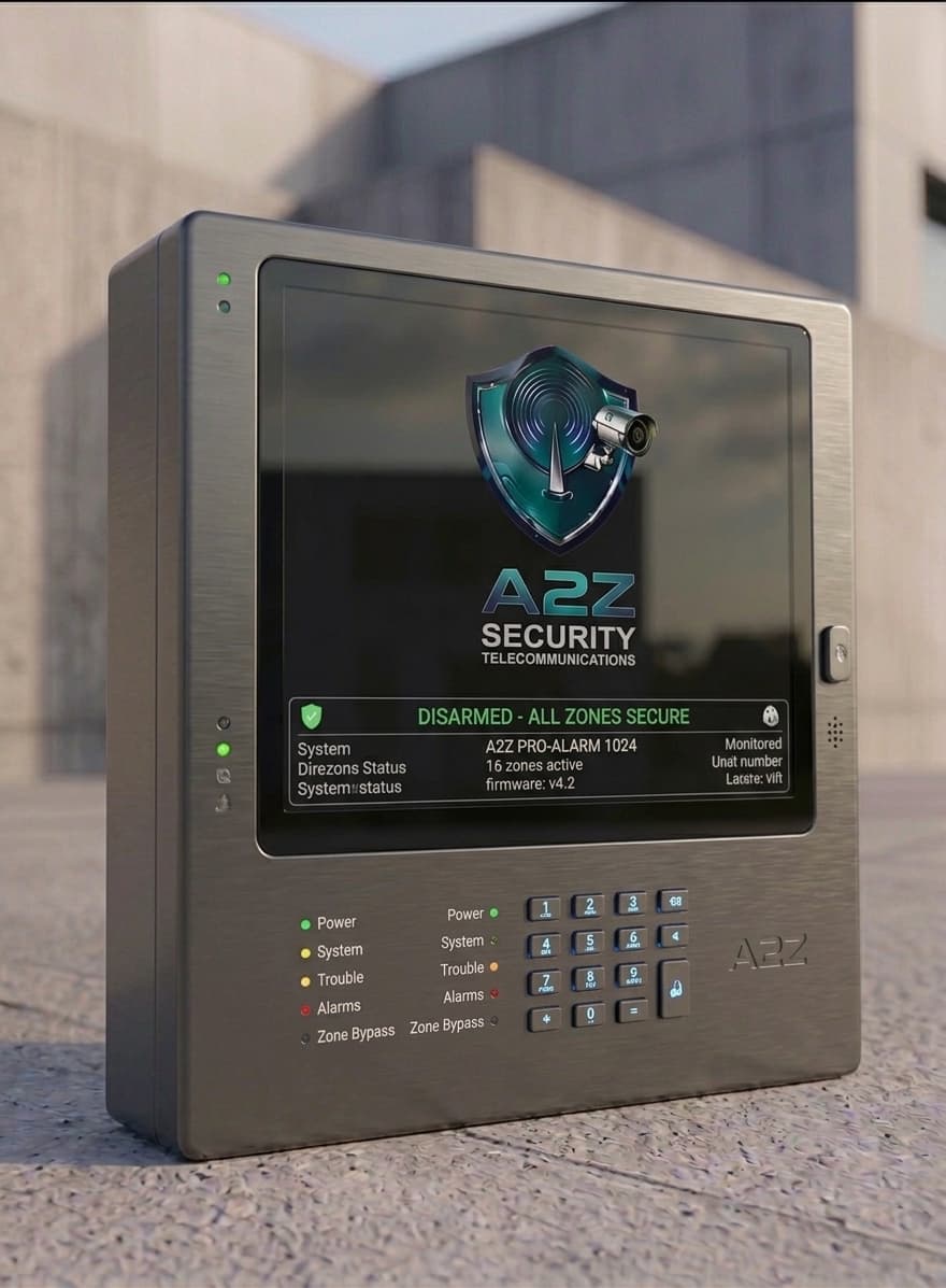 A2Z alarm control panel with LCD status display and zone indicators