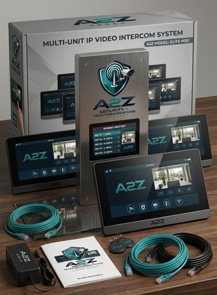 A2Z multi-unit IP video intercom system with directory panel and indoor monitors