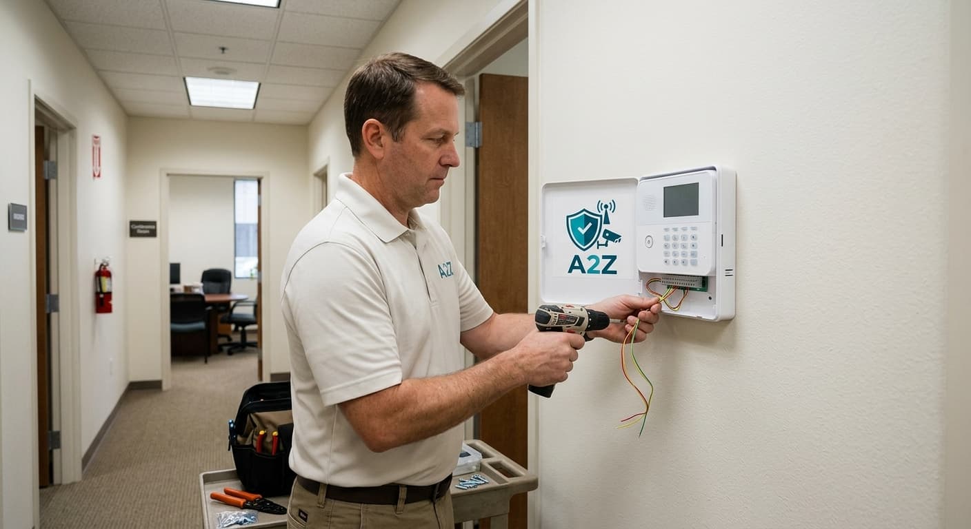 Alarm control panel and keypad installed in a residential hallway