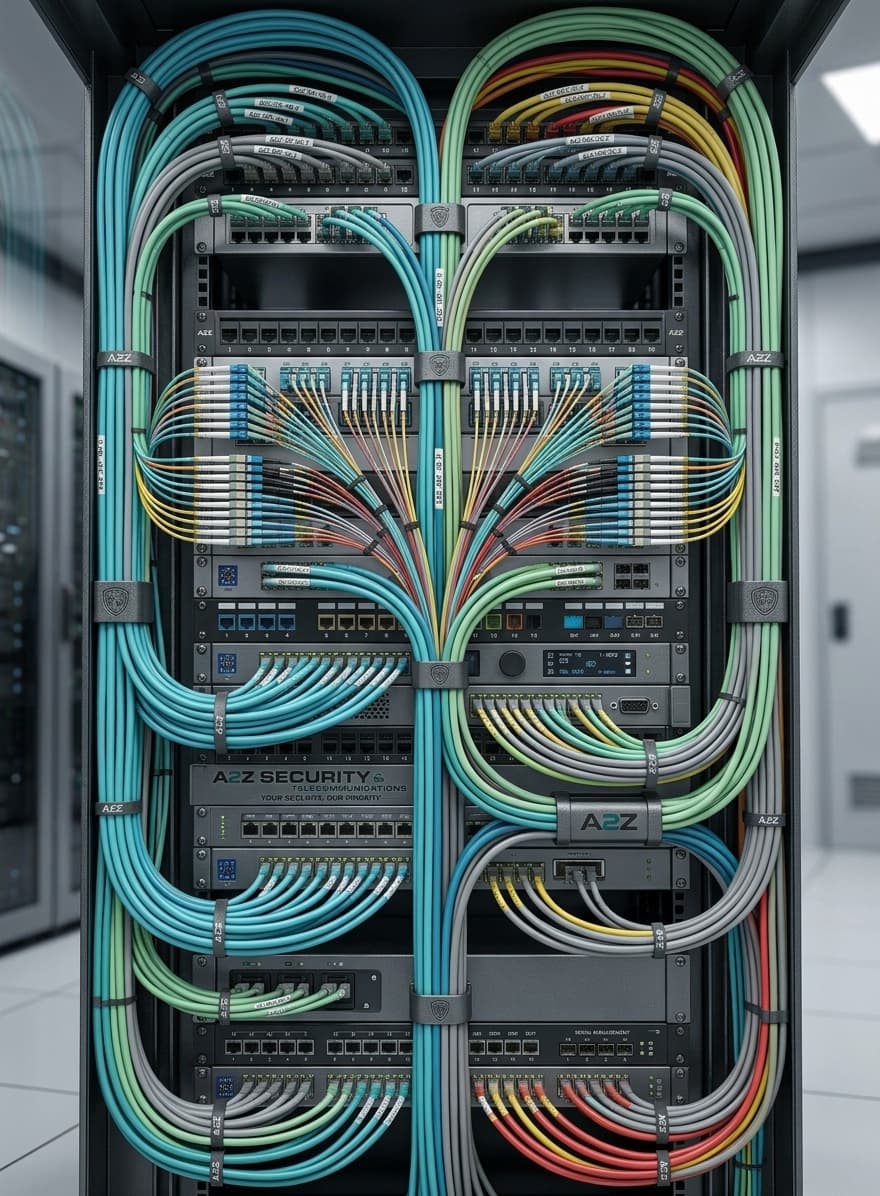 Server rack with neatly organized multi-color structured network cabling