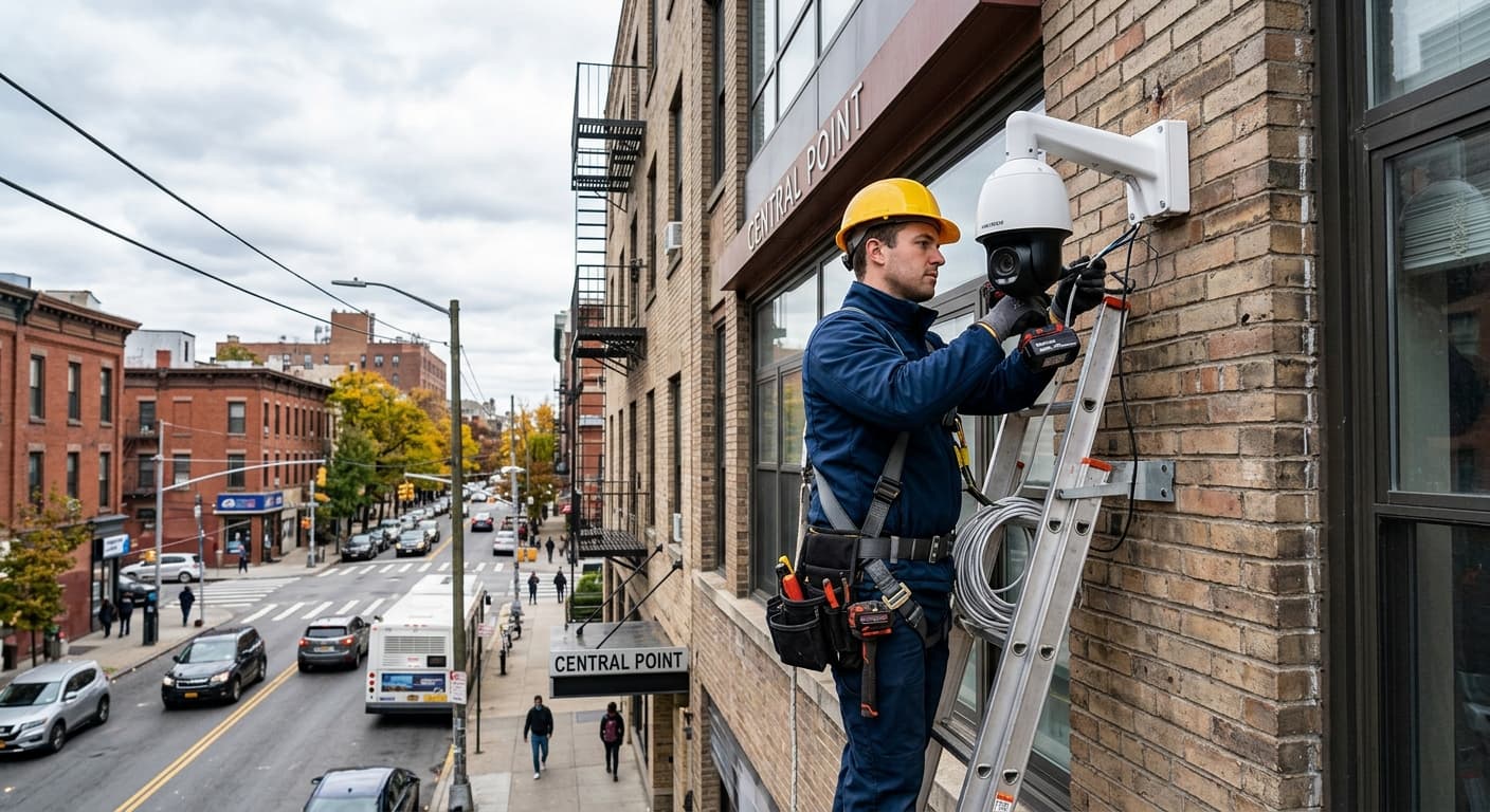 Technician installing a dome CCTV camera on a brick commercial building