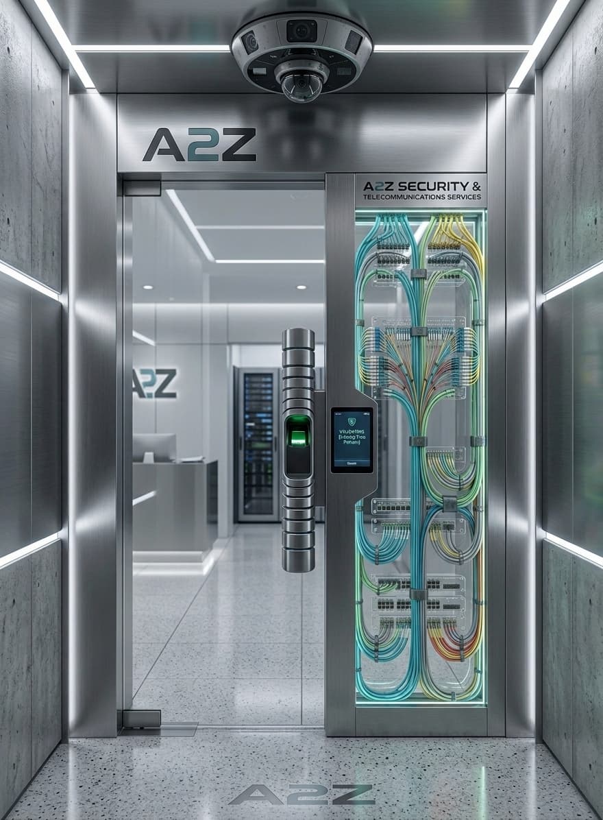 Secure entry corridor with intercom, access control, and surveillance hardware