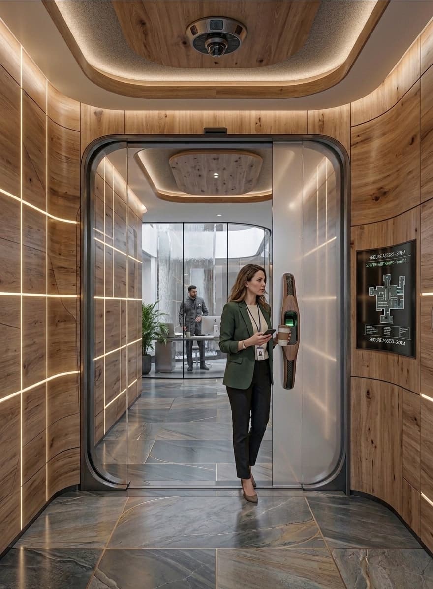 Staff member walking through a glass access-controlled doorway in a modern office corridor