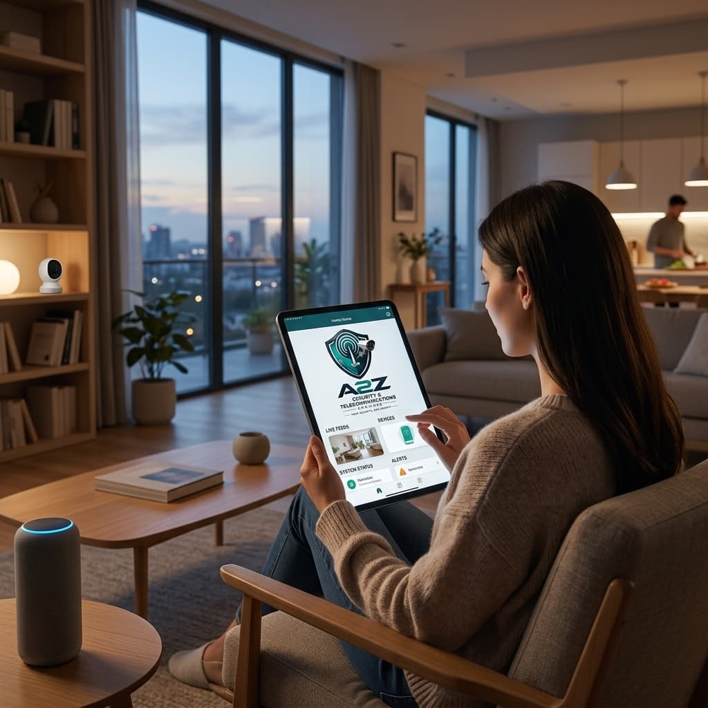 Homeowner viewing live CCTV camera feeds on a tablet in a living room